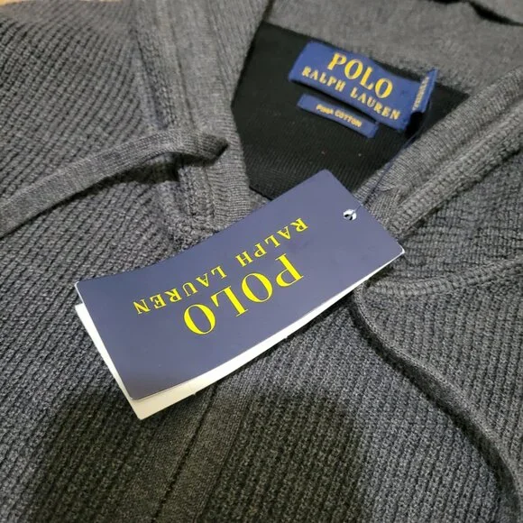 Polo Ralph Lauren Waffle Knit Full Zip Hoodie Lightweight Jacket Dark Grey Pima - Picture 4 of 11